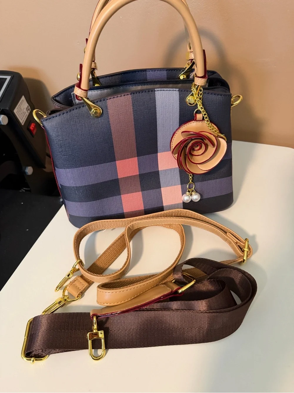 Structured Plaid Top-Handle Satchel in Navy and Peach